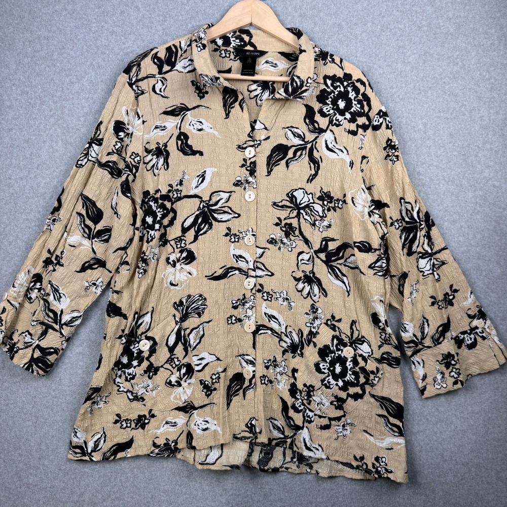 Ali Miles Top Womens XL Tan Black Floral Button Down Crinkle Art‎ To Wear Artsy